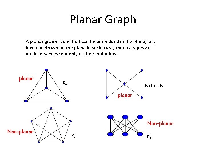 Planar Graph A planar graph is one that can be embedded in the plane,
