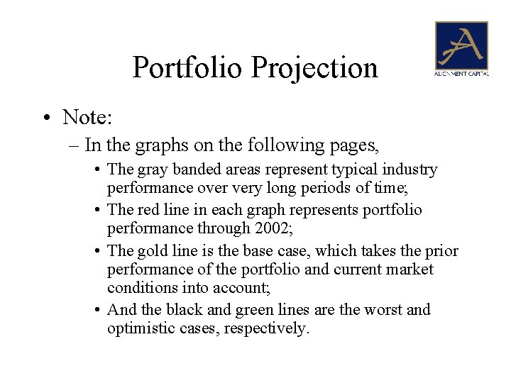 Portfolio Projection • Note: – In the graphs on the following pages, • The