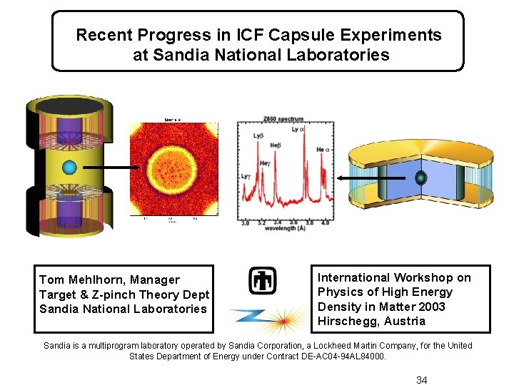 Recent Progress in ICF Capsule Experiments at Sandia National Laboratories Tom Mehlhorn, Manager Target