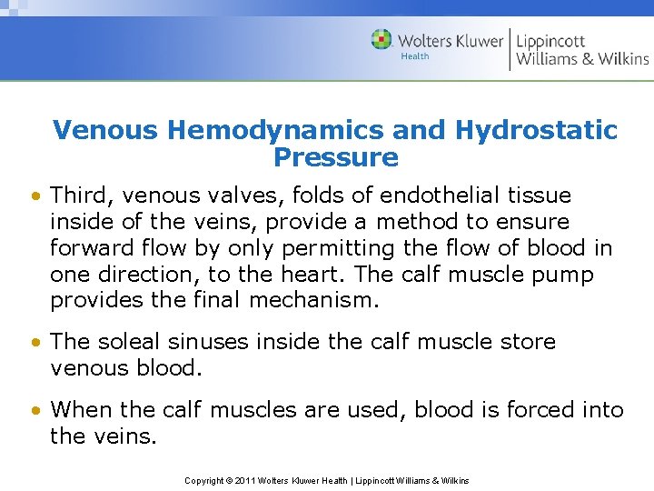 Venous Hemodynamics and Hydrostatic Pressure • Third, venous valves, folds of endothelial tissue inside