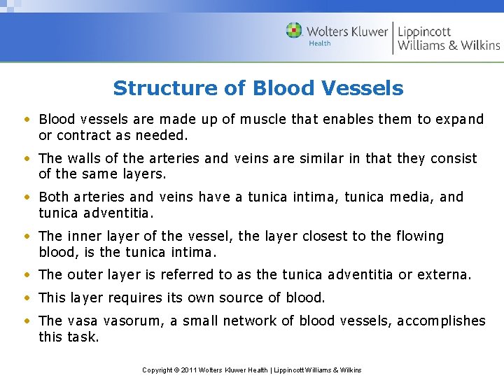 Structure of Blood Vessels • Blood vessels are made up of muscle that enables