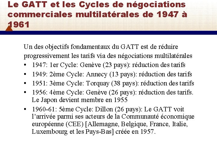 Le GATT et les Cycles de négociations commerciales multilatérales de 1947 à 1961 Un
