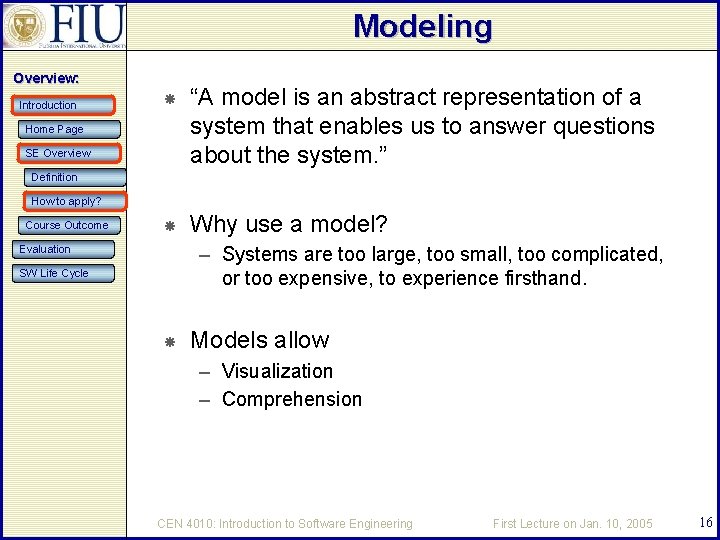 Modeling Overview: Introduction “A model is an abstract representation of a system that enables