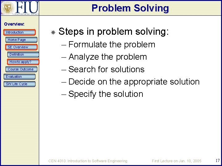Problem Solving Overview: Introduction Home Page SE Overview Definition How to apply? Course Outcome