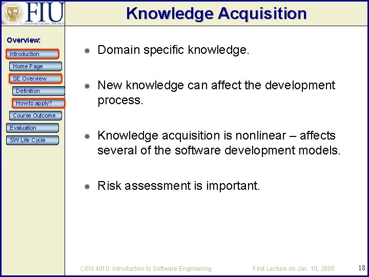 Knowledge Acquisition Overview: Introduction Domain specific knowledge. New knowledge can affect the development process.
