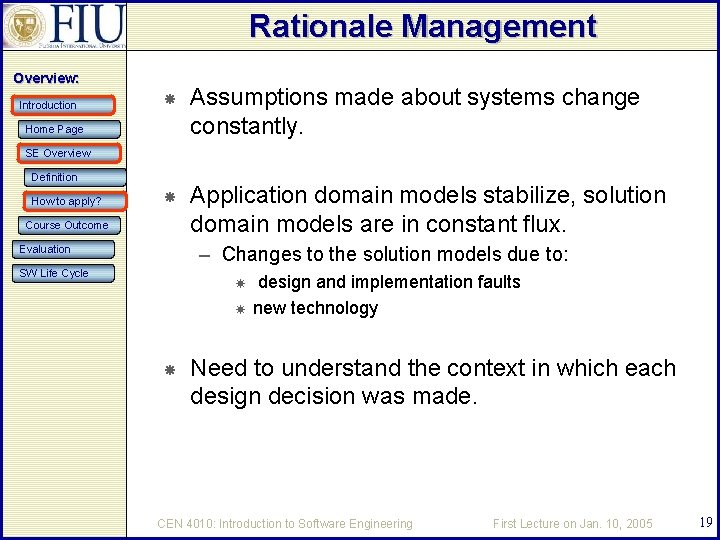 Rationale Management Overview: Introduction Assumptions made about systems change constantly. Application domain models stabilize,