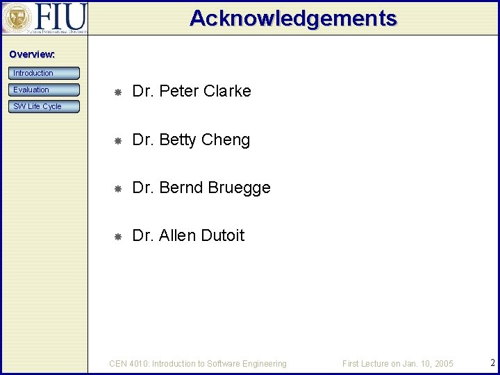 Acknowledgements Overview: Introduction Evaluation Dr. Peter Clarke Dr. Betty Cheng Dr. Bernd Bruegge Dr.