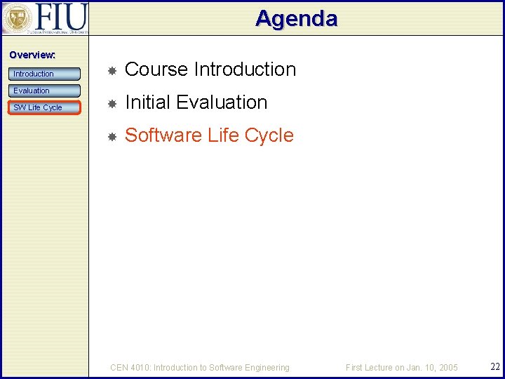 Agenda Overview: Introduction Course Introduction Initial Evaluation Software Life Cycle Evaluation SW Life Cycle