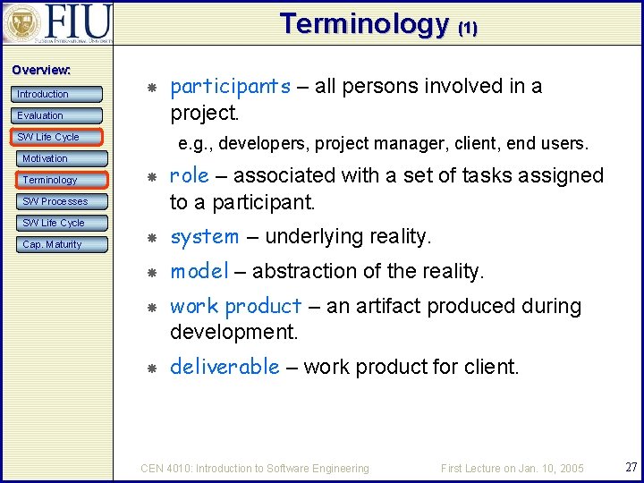 Terminology (1) Overview: Introduction Evaluation SW Life Cycle e. g. , developers, project manager,