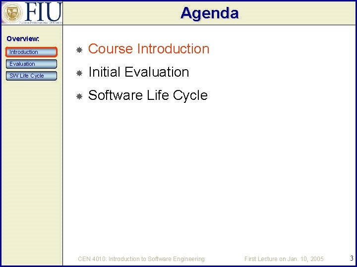 Agenda Overview: Introduction Course Introduction Initial Evaluation Software Life Cycle Evaluation SW Life Cycle