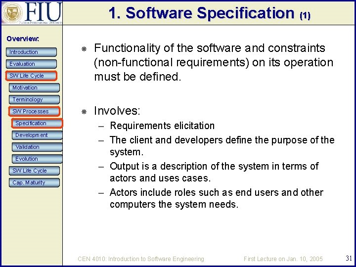 1. Software Specification (1) Overview: Introduction Functionality of the software and constraints (non-functional requirements)