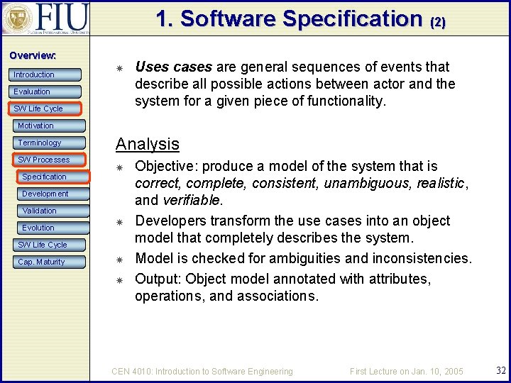 1. Software Specification (2) Overview: Introduction Evaluation SW Life Cycle Uses cases are general