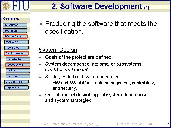 2. Software Development (1) Overview: Introduction Evaluation SW Life Cycle Producing the software that
