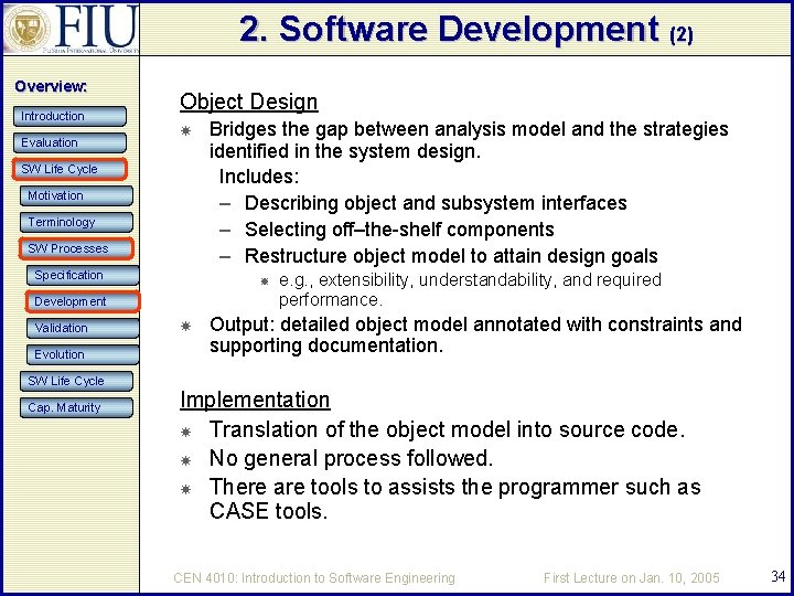 2. Software Development (2) Overview: Introduction Evaluation Object Design SW Life Cycle Motivation Terminology