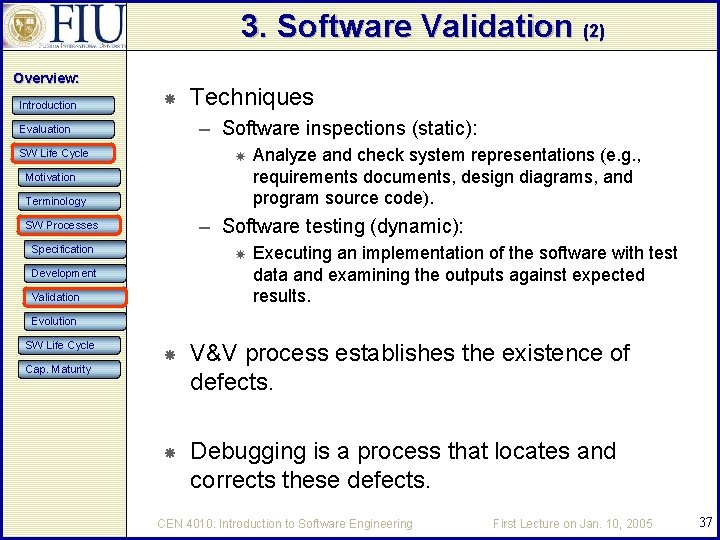 3. Software Validation (2) Overview: Introduction Techniques – Software inspections (static): Evaluation SW Life