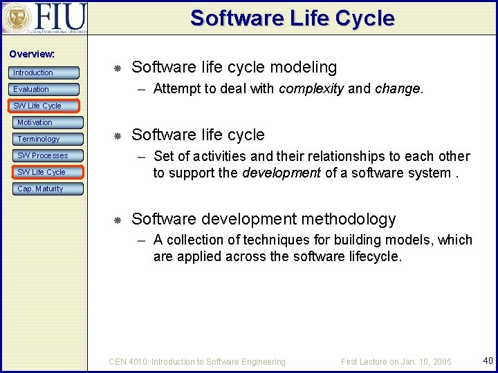 Software Life Cycle Overview: Introduction Software life cycle modeling – Attempt to deal with