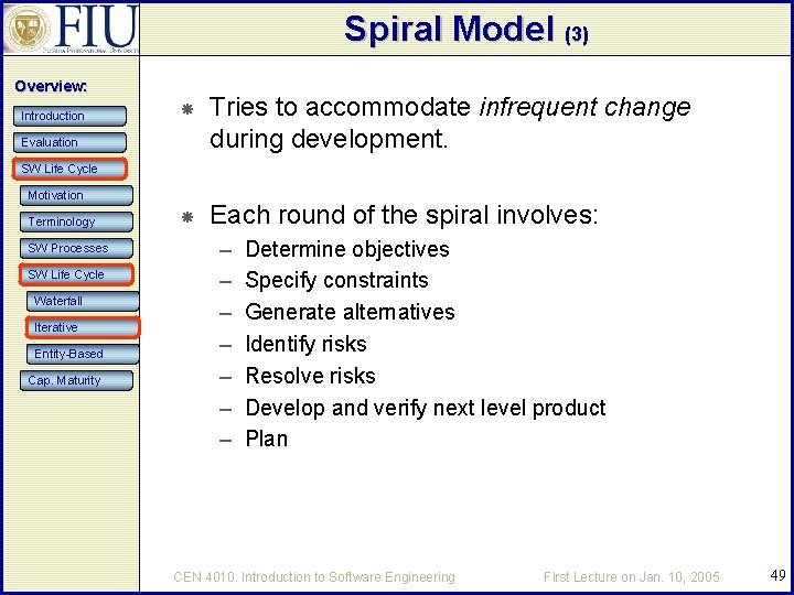 Spiral Model (3) Overview: Introduction Tries to accommodate infrequent change during development. Each round