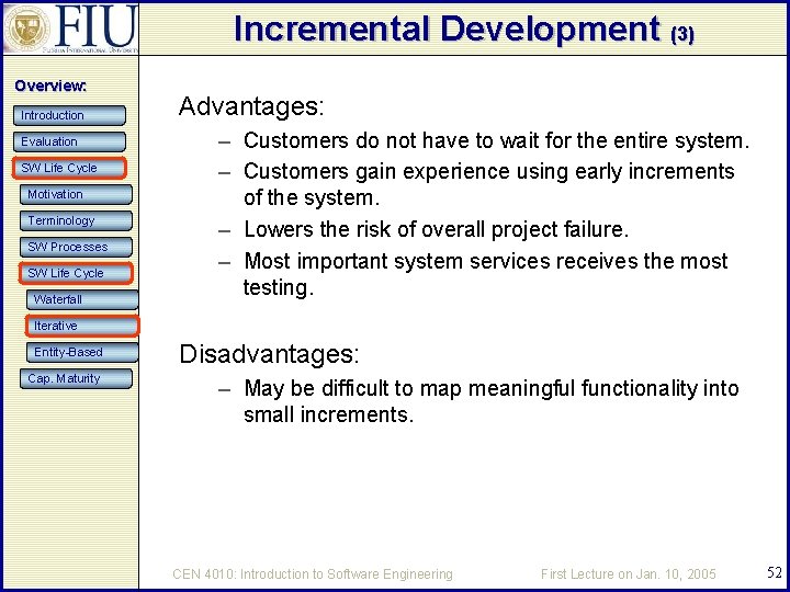 Incremental Development (3) Overview: Introduction Evaluation SW Life Cycle Motivation Terminology SW Processes SW