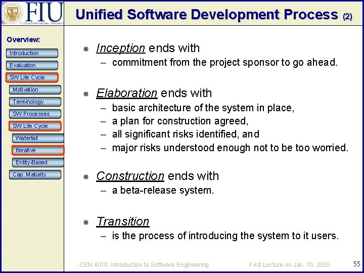 Unified Software Development Process (2) Overview: Introduction Inception ends with – commitment from the