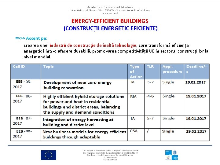 ENERGY-EFFICIENT BUILDINGS (CONSTRUCȚII ENERGETIC EFICIENTE) =>>> Accent pe: crearea unei industrii de construcție de