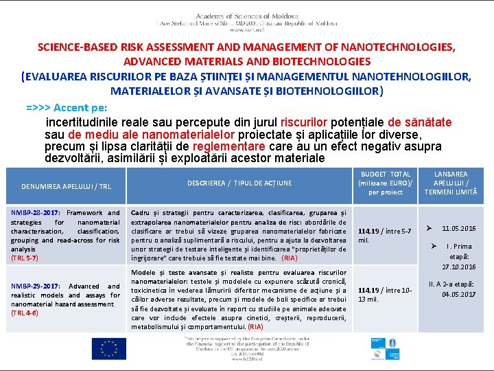 SCIENCE-BASED RISK ASSESSMENT AND MANAGEMENT OF NANOTECHNOLOGIES, ADVANCED MATERIALS AND BIOTECHNOLOGIES (EVALUAREA RISCURILOR PE
