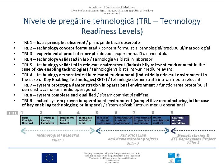 Nivele de pregătire tehnologică (TRL – Technology Readiness Levels) • • • TRL 1