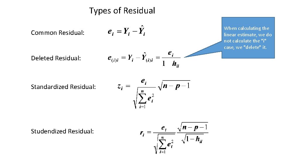 Types of Residual Common Residual: Deleted Residual: Standardized Residual: Studendized Residual: When calculating the