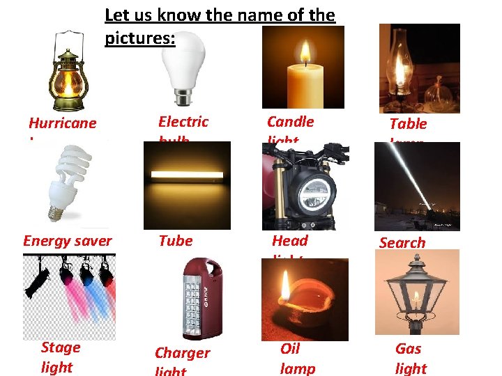 Let us know the name of the pictures: Hurricane lamp Energy saver bulb Stage