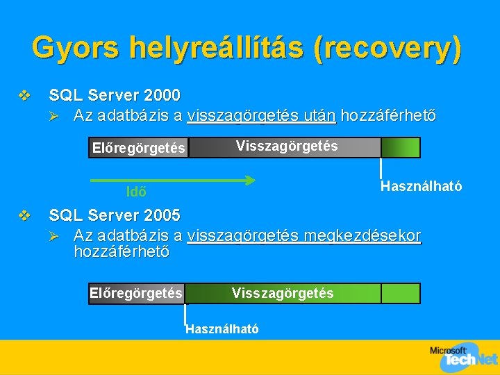 Gyors helyreállítás (recovery) v SQL Server 2000 Ø Az adatbázis a visszagörgetés után hozzáférhető