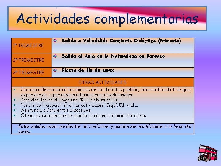 Actividades complementarias 1º TRIMESTRE 2º TRIMESTRE 3º TRIMESTRE Salida a Valladolid: Concierto Didáctico (Primaria)