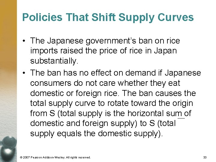 Policies That Shift Supply Curves • The Japanese government’s ban on rice imports raised