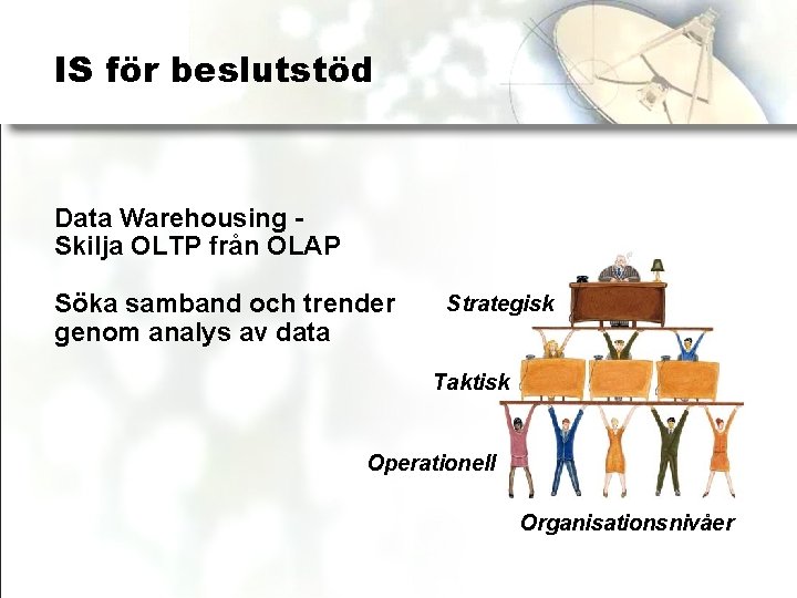 IS för beslutstöd Data Warehousing Skilja OLTP från OLAP Söka samband och trender genom