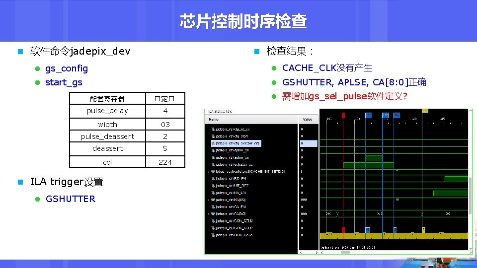 芯片控制时序检查 n 软件命令jadepix_dev n 检查结果： l gs_config l CACHE_CLK没有产生 l start_gs l GSHUTTER, APLSE,