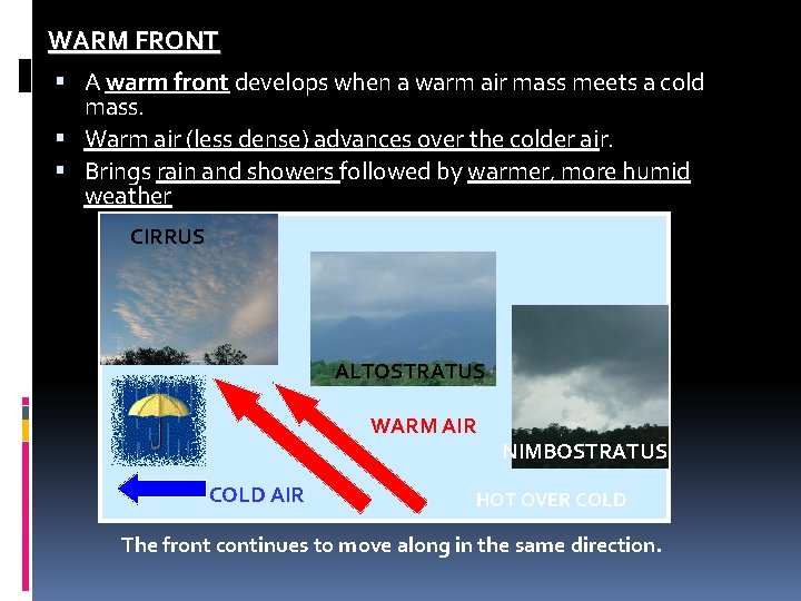 WARM FRONT A warm front develops when a warm air mass meets a cold