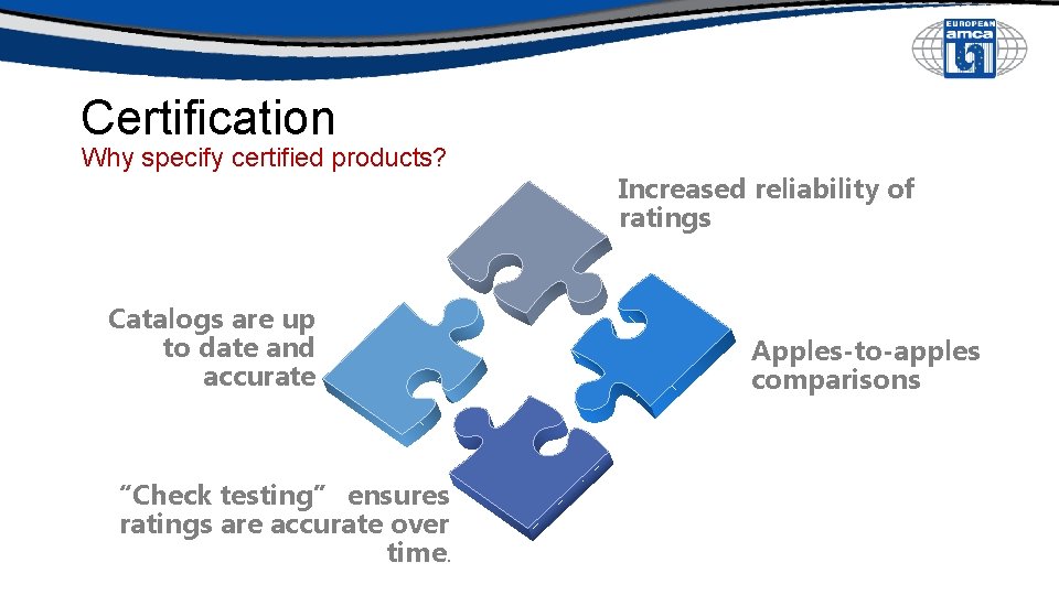 Certification Why specify certified products? Catalogs are up to date and accurate “Check testing” Certification Why specify certified products? Catalogs are up to date and accurate “Check testing”