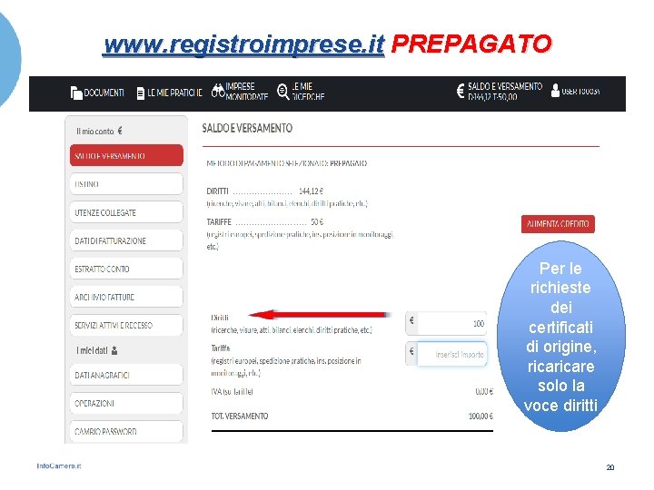 www. registroimprese. it PREPAGATO Per le richieste dei certificati di origine, ricare solo la