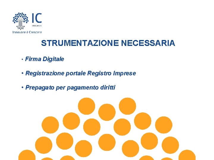 STRUMENTAZIONE NECESSARIA • Firma Digitale • Registrazione portale Registro Imprese • Prepagato per pagamento