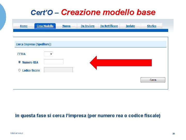 Cert’O – Creazione modello base In questa fase si cerca l’impresa (per numero rea