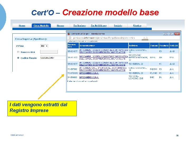 Cert’O – Creazione modello base I dati vengono estratti dal Registro Imprese 30 