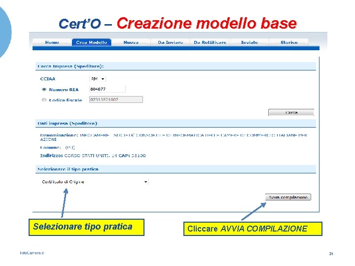 Cert’O – Creazione modello base Selezionare tipo pratica Cliccare AVVIA COMPILAZIONE 31 