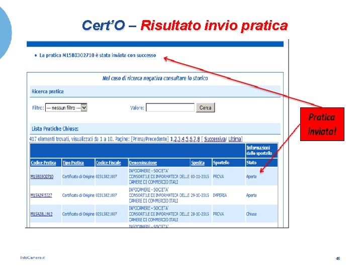 Cert’O – Risultato invio pratica 45 