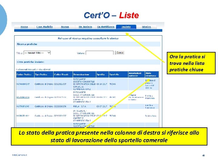 Cert’O – Liste Ora la pratica si trova nella lista pratiche chiuse Lo stato