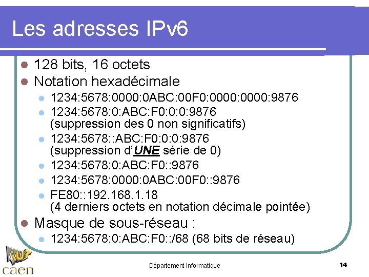 Les adresses IPv 6 l l 128 bits, 16 octets Notation hexadécimale l l