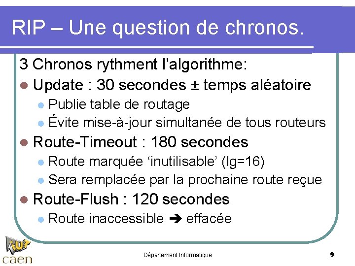 RIP – Une question de chronos. 3 Chronos rythment l’algorithme: l Update : 30