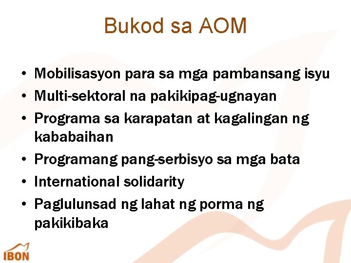 Bukod sa AOM • Mobilisasyon para sa mga pambansang isyu • Multi-sektoral na pakikipag-ugnayan