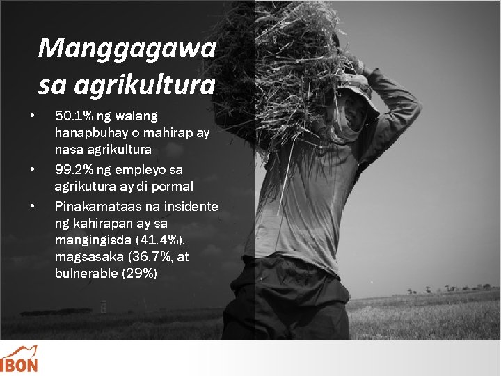 Manggagawa sa agrikultura • • • 50. 1% ng walang hanapbuhay o mahirap ay