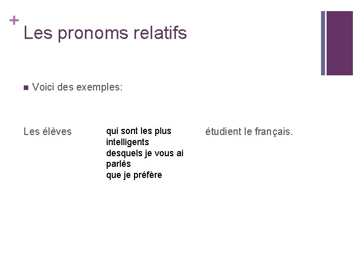 + Les pronoms relatifs n Voici des exemples: Les élèves qui sont les plus