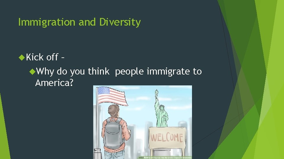 Immigration and Diversity Kick off – Why do you think people immigrate to America? Immigration and Diversity Kick off – Why do you think people immigrate to America?