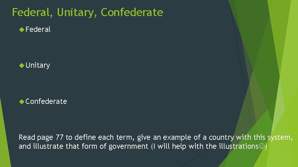 Federal, Unitary, Confederate Federal Unitary Confederate Read page 77 to define each term, give Federal, Unitary, Confederate Federal Unitary Confederate Read page 77 to define each term, give