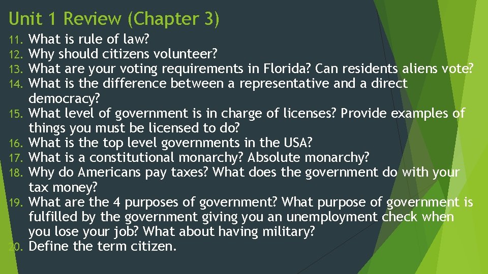 Unit 1 Review (Chapter 3) 11. 12. 13. 14. 15. 16. 17. 18. 19. Unit 1 Review (Chapter 3) 11. 12. 13. 14. 15. 16. 17. 18. 19.